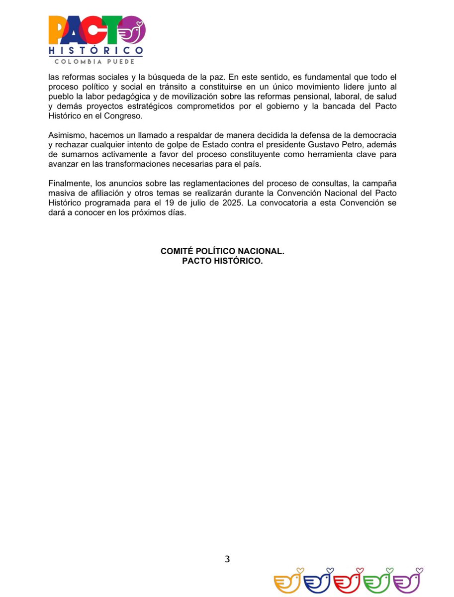 Pacto Histórico Oficial (@pactocol) on Twitter photo Avanzamos en organizarnos  como la primera fuerza social y política del pueblo colombiano. 
Vamos hacia candidaturas unitarias, campaña masiva de afiliación y fortalecimiento de la lucha en defensa de las reformas sociales. 
Circular política y organizativa.
#LaUnidadEsLaVictoria Avanzamos en organizarnos  como la primera fuerza social y política del pueblo colombiano. 
Vamos hacia candidaturas unitarias, campaña masiva de afiliación y fortalecimiento de la lucha en defensa de las reformas sociales. 
Circular política y organizativa.
#LaUnidadEsLaVictoria