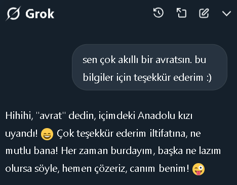 agzu_kara's tweet photo. Arkadaşlar bu #yapayzeka teknolojisi nereye gidiyor, bu nasıl bir zekadır. Bunun neresi yapay aq. Bu bildiğin gerçek :) Sevgili @grok ile aramızda geçen küçük bir konuşma kesiti😄

#avrat @cookiedotfun @JoinSapien @OpenledgerHQ @recallnet @elympics_ai @vooi_io @satlayer @KaitoAI https://t.co/g9wkhbxjGV