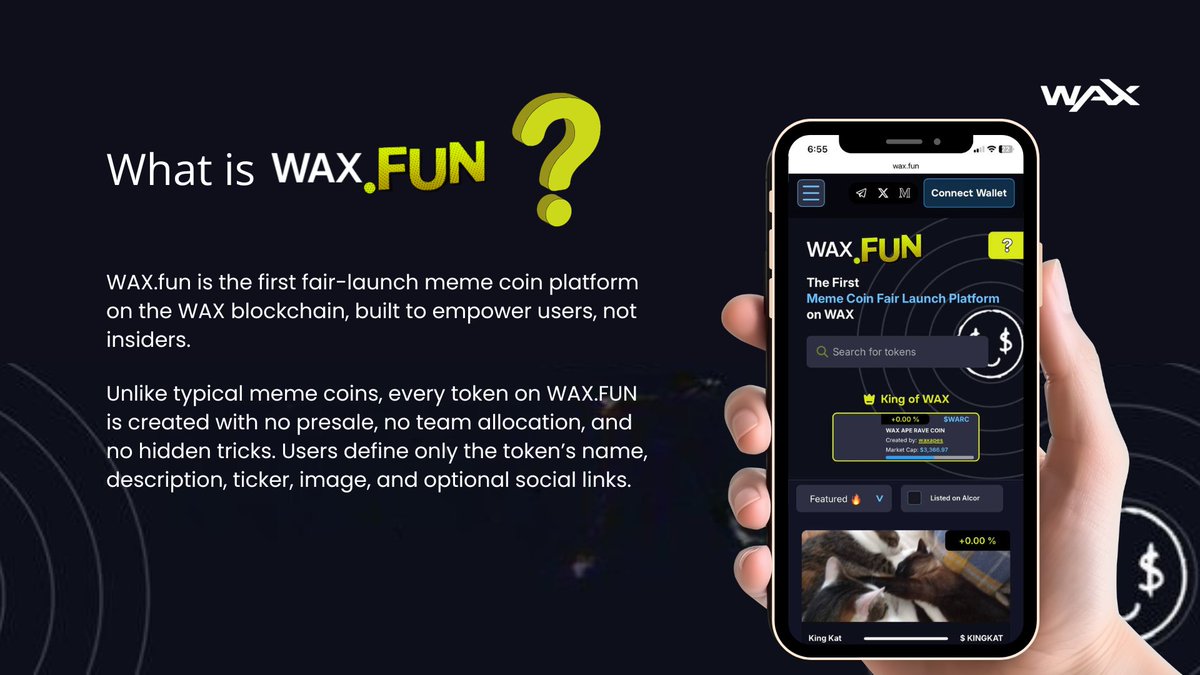 tunedaybabz's tweet image. Most meme coins die as scams.
Wax.fun by @WAX_io changes the game with a fair-launch token creation platform &amp;amp; transparent rules! 

No presales or team allocations, everyone’s on an equal playing field. @waxdotfun #WAXhub