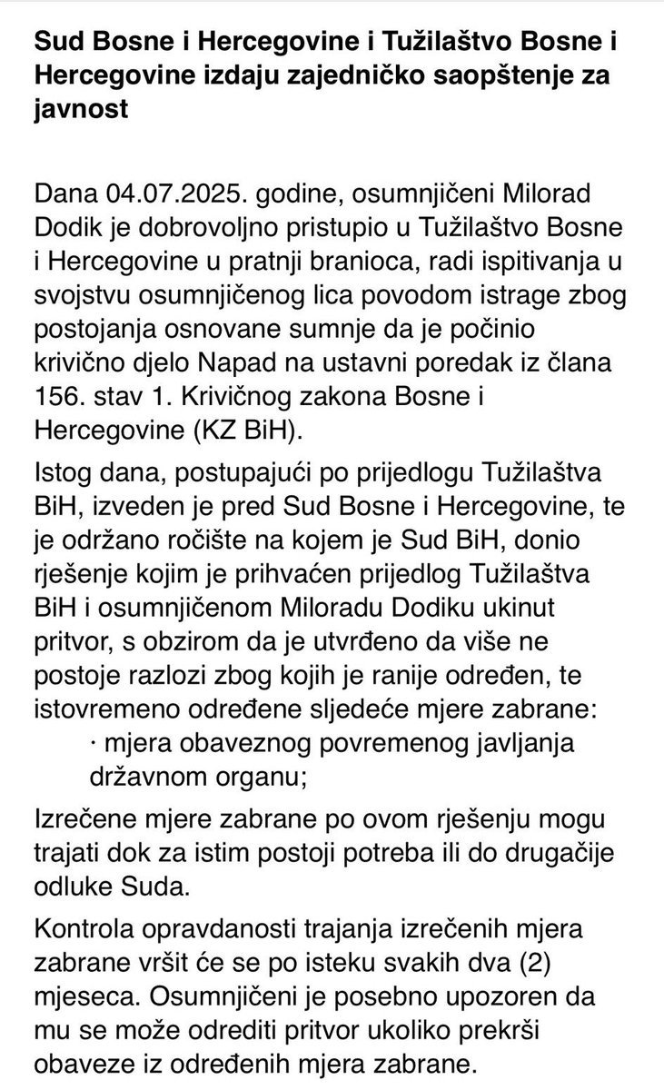 NEW: Bosnian Serb secessionist Dodik surrendered to BiH state authorities earlier today. At an emergency hearing, the Court of BiH suspended the arrest warrant against him but ordered him to report to state authorities regularly &amp; warned against further anti-constitutional acts.