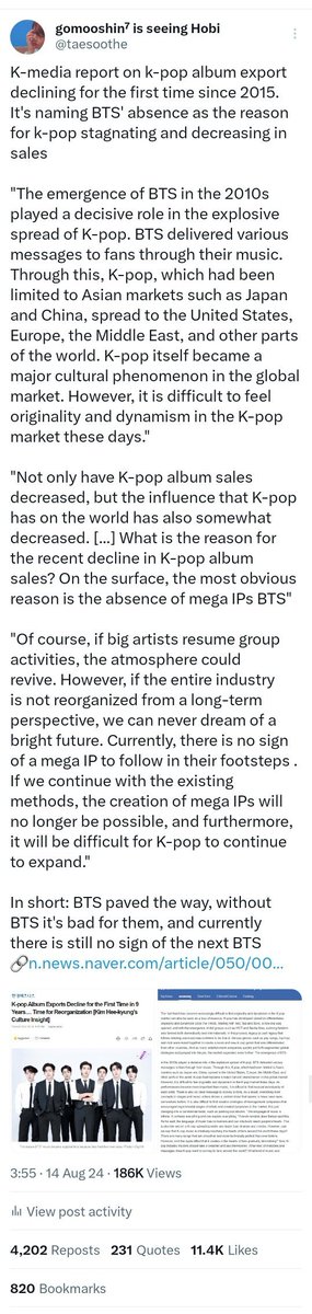 taesoothe's tweet photo. K-pop is nothing without BTS like bro this is beyond insane

Just their returnals were enough to get k-pop up from its knees, just like all the industry and economic analysts had been saying for a year. June alone had the most kpop comebacks for a single month in history. A literal kpop movie multimillion blockbuster releasing on June 20 wasn't accident too.

BTS not only paved the way for k-pop, but is still carrying it on their backs