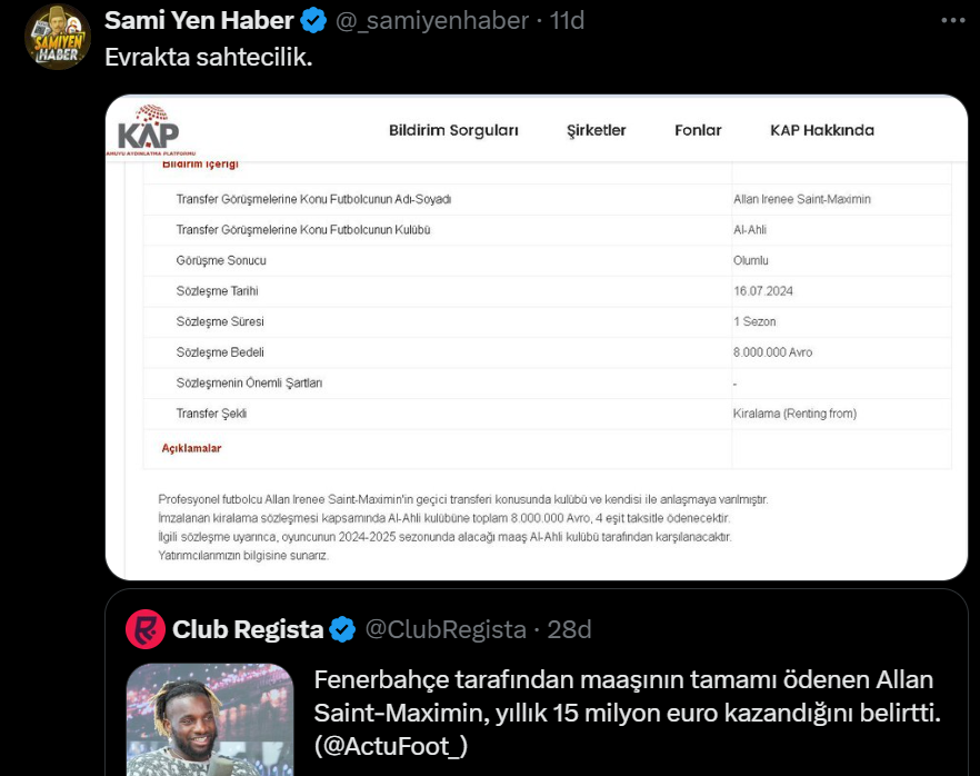 içerikte arabistan'daki maaşım 15m diyor ama haberi öyle bir girmiş ki sanki fener'den 15m kazandım demiş gibi. 
ayrıca fb'nin maaşının tamamı ödediğine dair açıklamasını göstersene bi.
tweeti yazarken hem club regista hem samiyen silmiş tweeti. kulübün bunlara dava açması lazım.