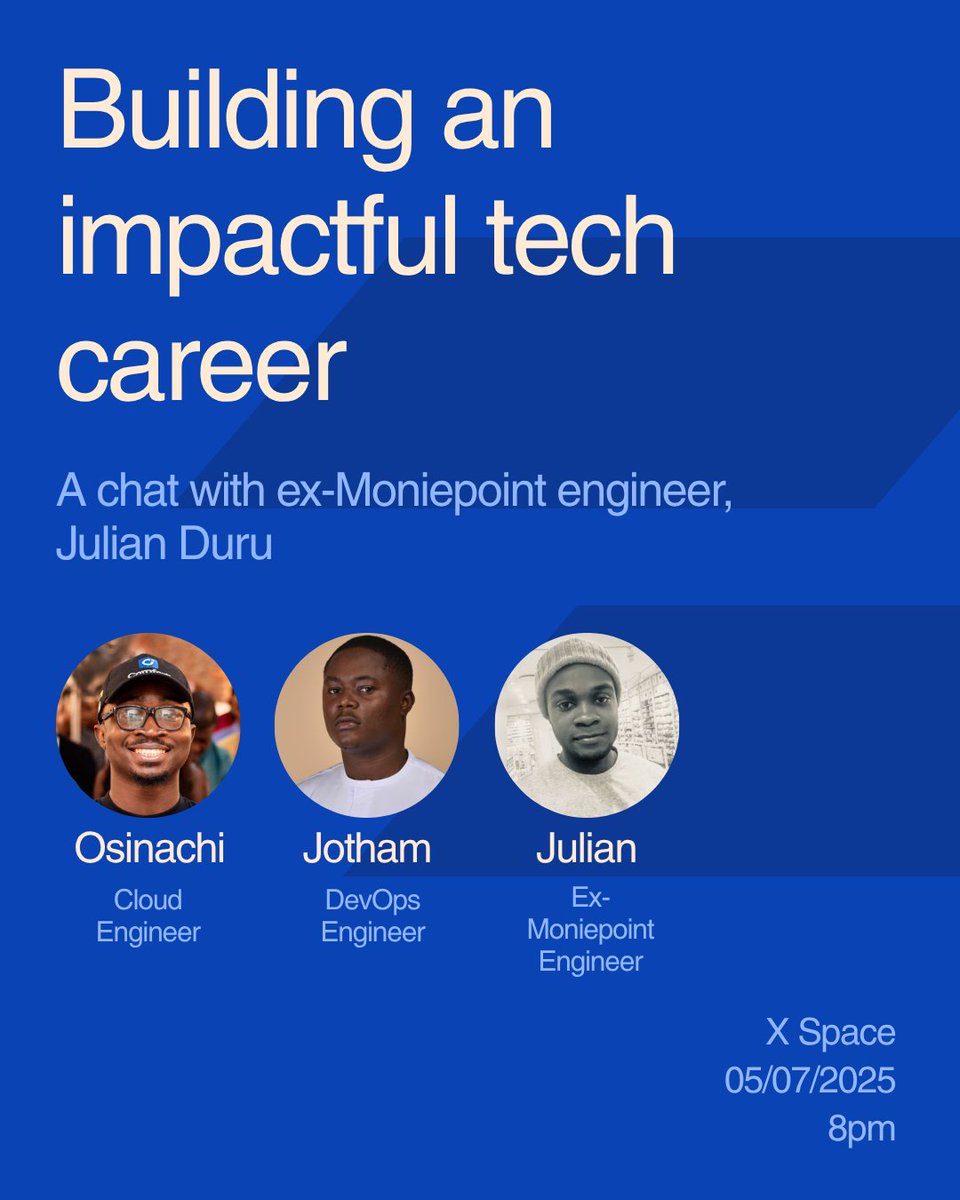 Osinachi (☁️,🧡) (@sin4ch) on Twitter photo You guys have questions for <a href="/durutheguru/">Julian Dumebi Duru</a>. I have so many!😂
Which is why I asked him to hop on a space with me and <a href="/JothamArinze_/">Jotham Arinze</a> to talk about his experience at <a href="/moniepoint/">Moniepoint Group</a>, the incredible things he built, what makes for a great tech career, and what we should look forward to You guys have questions for <a href="/durutheguru/">Julian Dumebi Duru</a>. I have so many!😂
Which is why I asked him to hop on a space with me and <a href="/JothamArinze_/">Jotham Arinze</a> to talk about his experience at <a href="/moniepoint/">Moniepoint Group</a>, the incredible things he built, what makes for a great tech career, and what we should look forward to