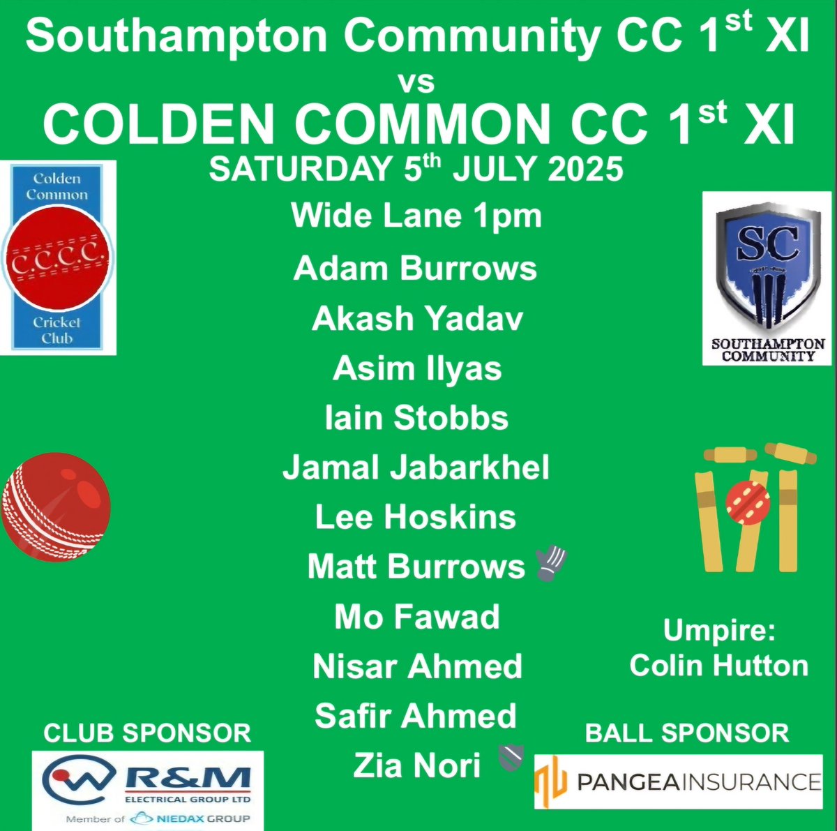 Saturday 5th July 2025 Team News 
 
Colden Common CC 1st XI v Southampton Community CC 1st XI

<a href="/hantscl/">Hampshire League</a> Div 3D