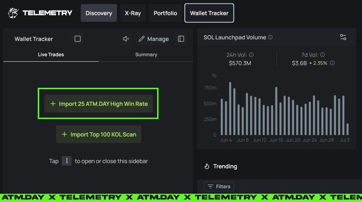 atm.day (@atmdotday) on Twitter photo Now you can track pro-wallets from ATM.DAY directly on Telemetry!
Telemetry by <a href="/bonkbot_io/">Telemetry by BONKbot</a> just dropped a quick-import for the 25 high winrate pro-wallets from the ATM.DAY database.
Once enabled, you'll instantly see their moves on any token Now you can track pro-wallets from ATM.DAY directly on Telemetry!
Telemetry by <a href="/bonkbot_io/">Telemetry by BONKbot</a> just dropped a quick-import for the 25 high winrate pro-wallets from the ATM.DAY database.
Once enabled, you'll instantly see their moves on any token