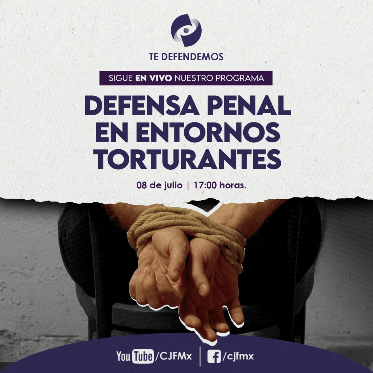 OAJ_Mex's tweet photo. 🔴 Este martes 8 de julio acompáñanos #EnVivo en una nueva emisión de:
🎙️ #TeDefendemos | Defensa penal en entornos torturantes. 
🕐 17:00 h. 

📲 Sigue la transmisión en Facebook Live y YouTube.
¡Conéctate! https://t.co/n1vO79bkxb