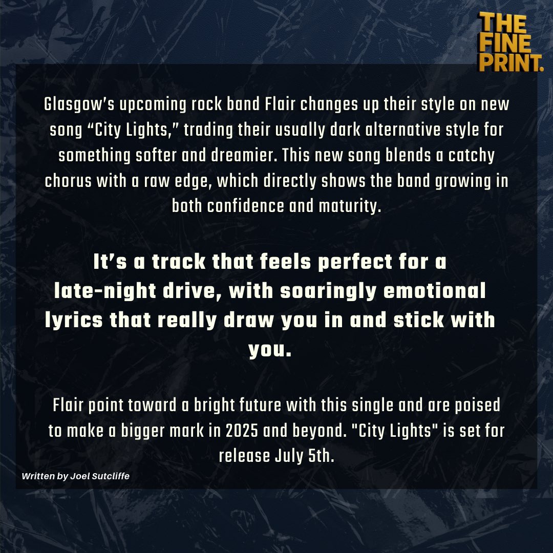 TheFinePrintHQ's tweet image. New Music Review
Flair - City Lights
“It’s a track that feels perfect for a late-night drive”
Words: Joel Sutcliffe
Remember to like, follow, and we’ll see you next time. Take care.
#newmusic #musicreview #bitesizeblogger
@flairband0141 @BigG_Mgmt_PR