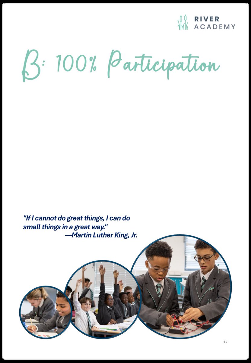 Was so pleased to share the <a href="/RiverAcReading/">River Academy</a> T&amp;L Playbook with staff this week. An iteration of our routines from Year 1, and taking inspiration from <a href="/TeachLikeAChamp/">Teach Like a Champion</a> and <a href="/WALKTHRUs_5/">Walkthrus</a>, it reflects what we consider as the best practice in the classroom. #100%means100%