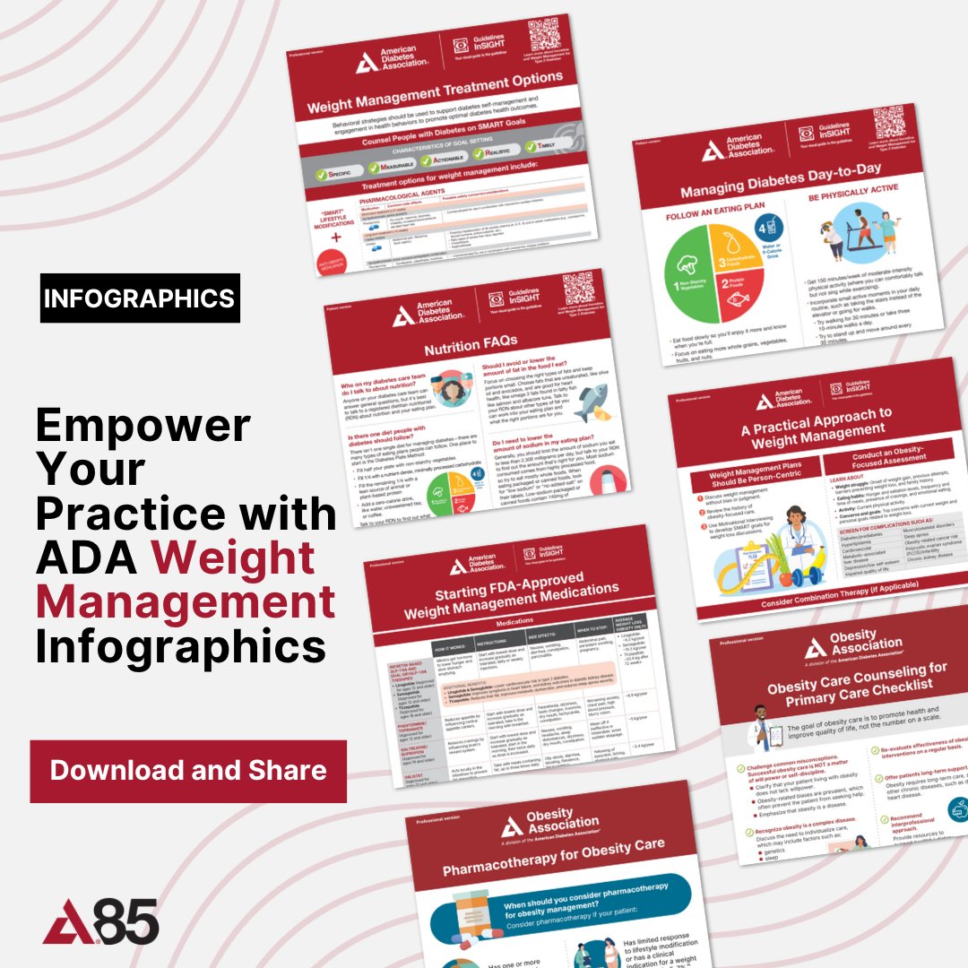 Enhance patient education &amp; clinical collaboration with our suite of essential infographics aligned with ADA’s Standards of Care. Perfect for team training or patient discussions. 
Download and share today! 🔗 bit.ly/3TPRIvX 
#WeightManagement #DiabetesCare #ObesityCare