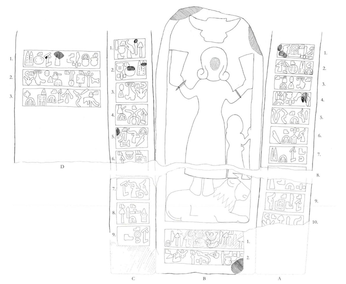 PIELexicon's tweet image. The Hieroglyphic Luwian MEHARDE inscription: It was authored by Taita, the Hero, King of Walasatini not too long after 1100 BCE, below in Hawkins’s drawing (CHLI IX.13):