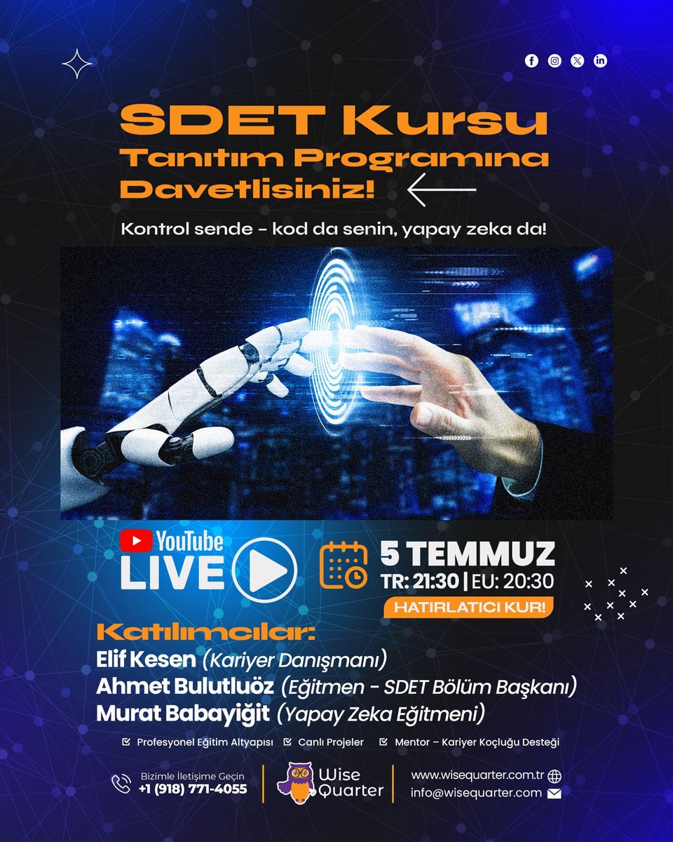 🚨 SDET Kursu Tanıtım Programı’na davetlisin!

📅 5 Temmuz Cumartesi
🕘 TR: 21:30 | EU: 20:30
📍 Zoom-YouTube Canlı Yayın

💻 Yazılım test kariyerine adım atmak istiyor ama nereden başlayacağını bilmiyor musun?

Zoom Toplantısına Katıl
zoom.us/j/96276857098?…
