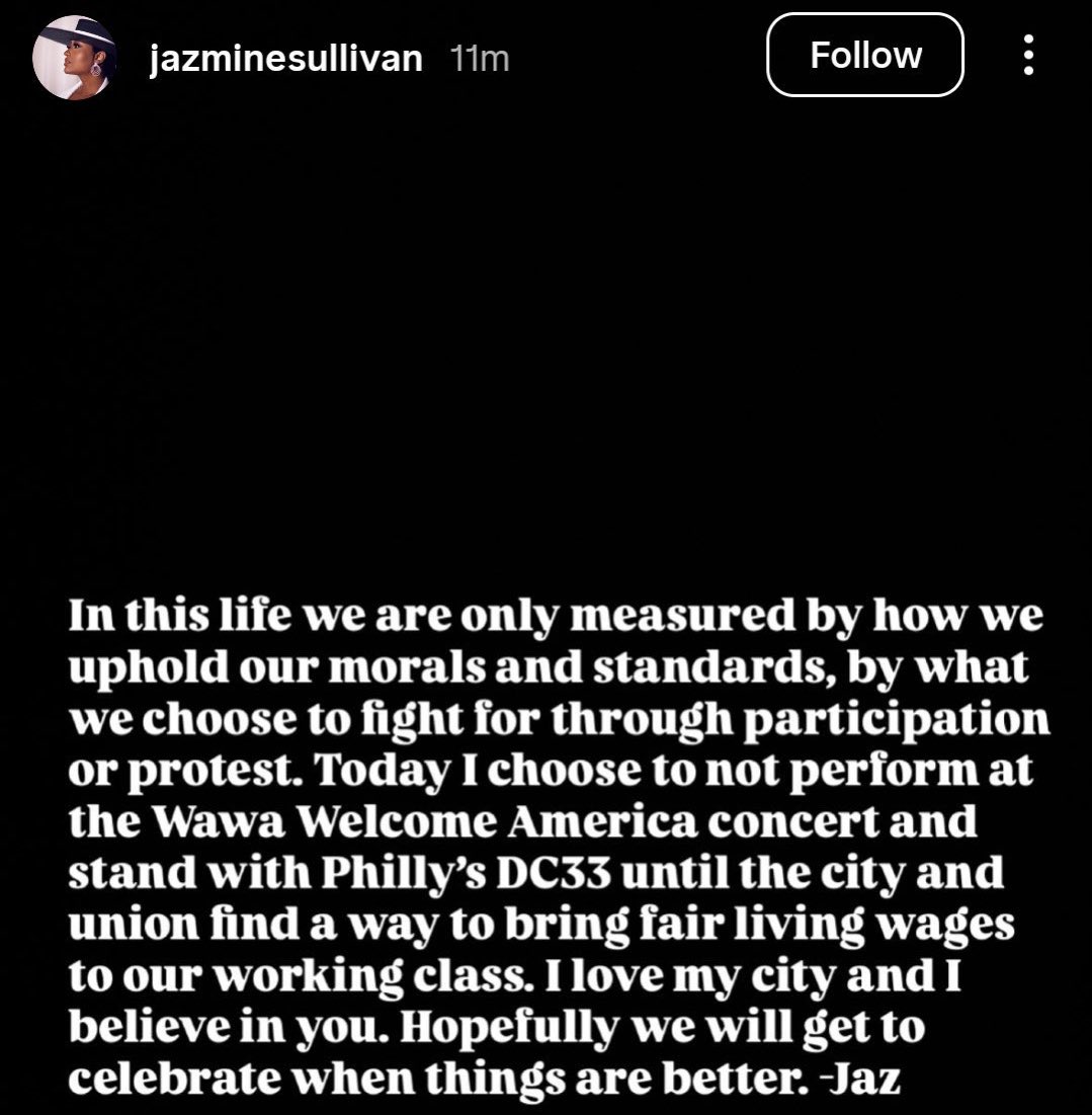 Kim Kelly (@grimkim) on Twitter photo Philly’s own R&B queen Jazmine Sullivan has CANCELLED her headlining set at today’s Welcome America concert in solidarity with striking <a href="/afscme33/">afscme33</a> workers, “until the city and union find a way to bring fair living wages to our working class. I love my city and believe in you.” Philly’s own R&B queen Jazmine Sullivan has CANCELLED her headlining set at today’s Welcome America concert in solidarity with striking <a href="/afscme33/">afscme33</a> workers, “until the city and union find a way to bring fair living wages to our working class. I love my city and believe in you.”