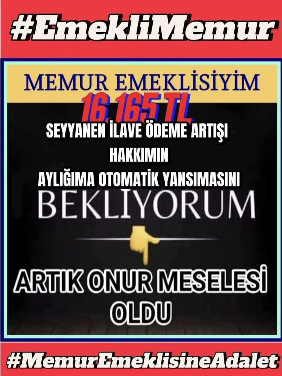 Sibel 💞💦🌟🐬🌴 (@arya59357868) on Twitter photo <a href="/xyz1942671/">Kaybeden Kazanır</a> Ve #EmekliMemur a yasal hakkı olan seyyanen zammı vermediniz.
Üstelik verileceğini müjdeleyip seçimden sonra 375/40 ek madde ile hakkını elinden aldınız.
2 YILDIR
#MemurEmeklisineAdalet
aratıyoruz‼️
<a href="/TBMMGenelKurulu/">TBMM Genel Kurulu</a>
<a href="/MHP_Bilgi/">MHP</a>
<a href="/Akparti/">AK Parti</a>
<a href="/RTErdogan/">Recep Tayyip Erdoğan</a>
<a href="/tcbestepe/">T.C. Cumhurbaşkanlığı</a> <a href="/xyz1942671/">Kaybeden Kazanır</a> Ve #EmekliMemur a yasal hakkı olan seyyanen zammı vermediniz.
Üstelik verileceğini müjdeleyip seçimden sonra 375/40 ek madde ile hakkını elinden aldınız.
2 YILDIR
#MemurEmeklisineAdalet
aratıyoruz‼️
<a href="/TBMMGenelKurulu/">TBMM Genel Kurulu</a>
<a href="/MHP_Bilgi/">MHP</a>
<a href="/Akparti/">AK Parti</a>
<a href="/RTErdogan/">Recep Tayyip Erdoğan</a>
<a href="/tcbestepe/">T.C. Cumhurbaşkanlığı</a>