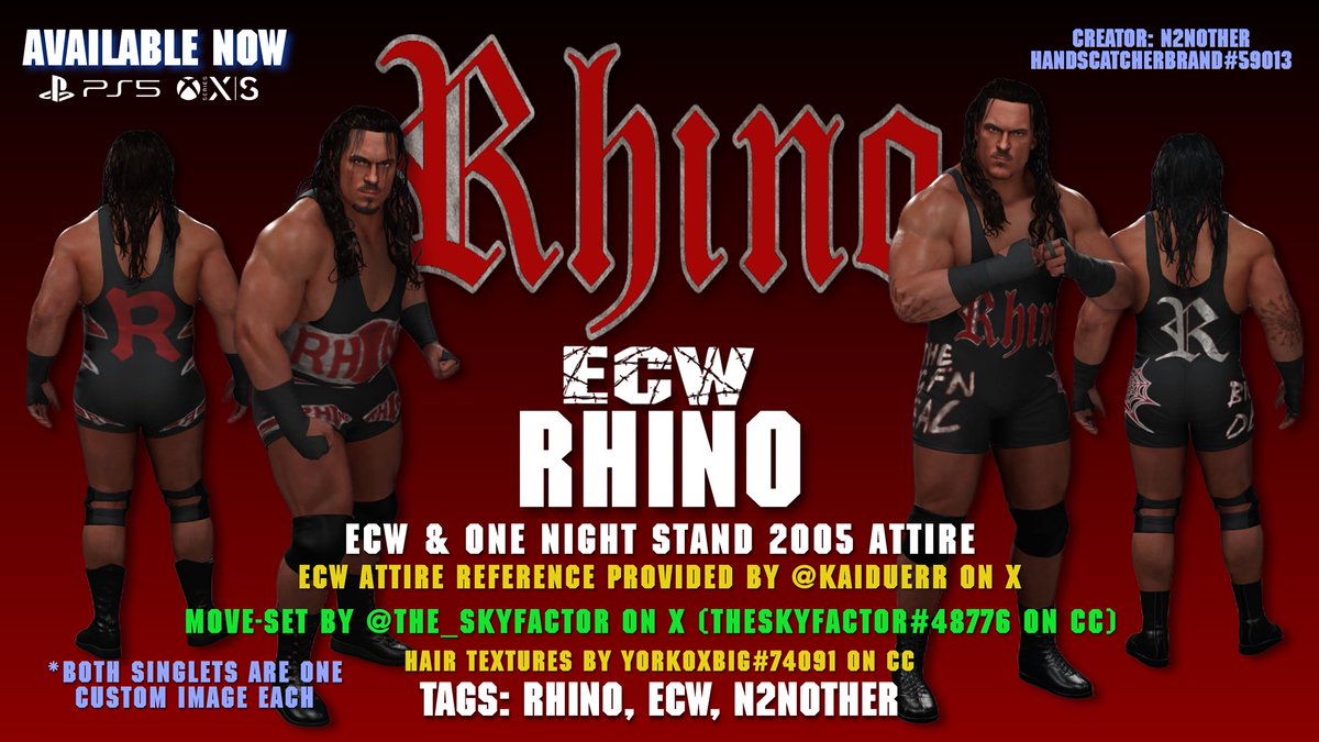 Sean Michael (@gameovrman) on Twitter photo Available now. #WWE2K25
All new face texture and customs images (each singlet is one image wrapped around).
Move-set by <a href="/The_SkyFactor/">TheSkyFactor</a> on X.
ECW attire references provided by <a href="/KaiDuerr/">Konsolen Uwe</a> on X. Available now. #WWE2K25
All new face texture and customs images (each singlet is one image wrapped around).
Move-set by <a href="/The_SkyFactor/">TheSkyFactor</a> on X.
ECW attire references provided by <a href="/KaiDuerr/">Konsolen Uwe</a> on X.