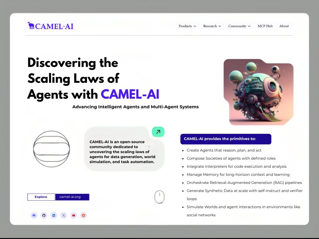ChiomaChukwura2's tweet image. 🌎🚀@CamelAIOrg : Exploring the Scaling Laws of Intelligent Agents

💻 @CamelAIOrg is an open-source community dedicated to uncovering the scaling laws of agents for data generation, world simulation, and task automation.

👩‍💻Our Mission;
💡At CAMEL-AI, we believe that studying…