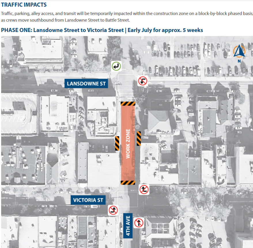 The KCA upgrade to the 4th Ave sanitary system from Lansdowne to Battle St is scheduled from early July until this fall. Mon-Fri, 7am-5pm with the possibility of some weekend work. Transit will be detoured to 6th Avenue. More at BCTransit.com/Kamloops and letstalk.Kamloops.ca