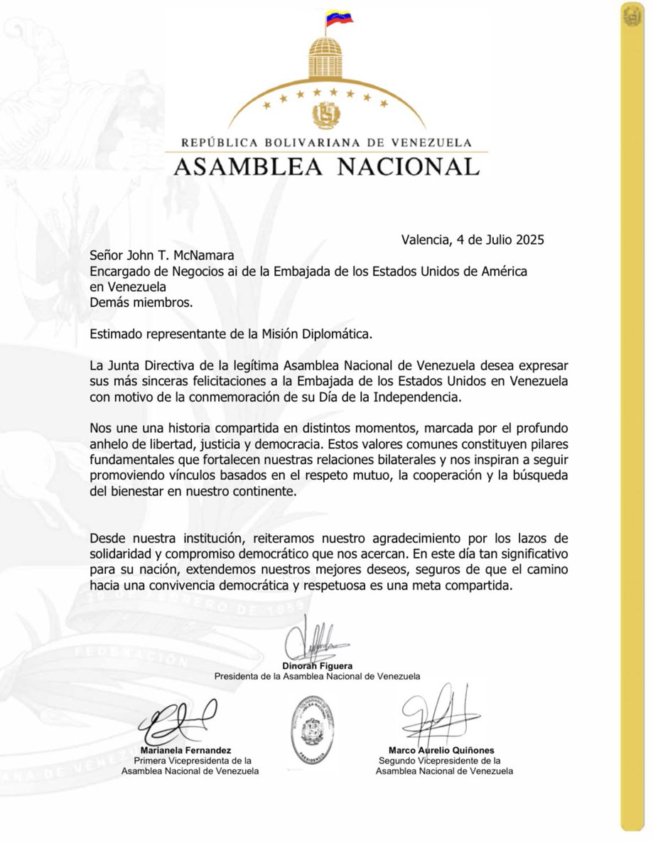 Desde la Asamblea Nacional, extendemos nuestras felicitaciones al gobierno y al pueblo de los EE. UU. por el 249° aniversario de su Independencia. Que la libertad y la democracia sigan siendo sus pilares. 🇺🇸🇻🇪 #4deJulio #IndependenceDay