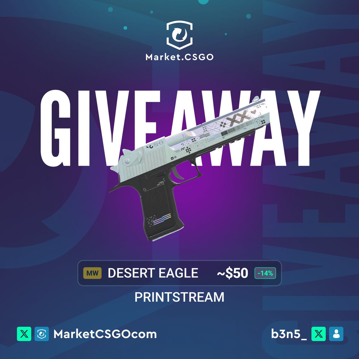 🎁 Desert Eagle | Printstream MW Giveaway 🎁

How to Enter:
1️⃣ Follow <a href="/MarketCSGOcom/">Market.CSGO</a> +  <a href="/b3n5_/">b3n5</a>
2️⃣ Like and Retweet this post
3️⃣ Tag at least one of your teammate under the comment section

💥 Winner will be announced on July 11th. 
⏰ Don't miss your shot at this epic skin! Good