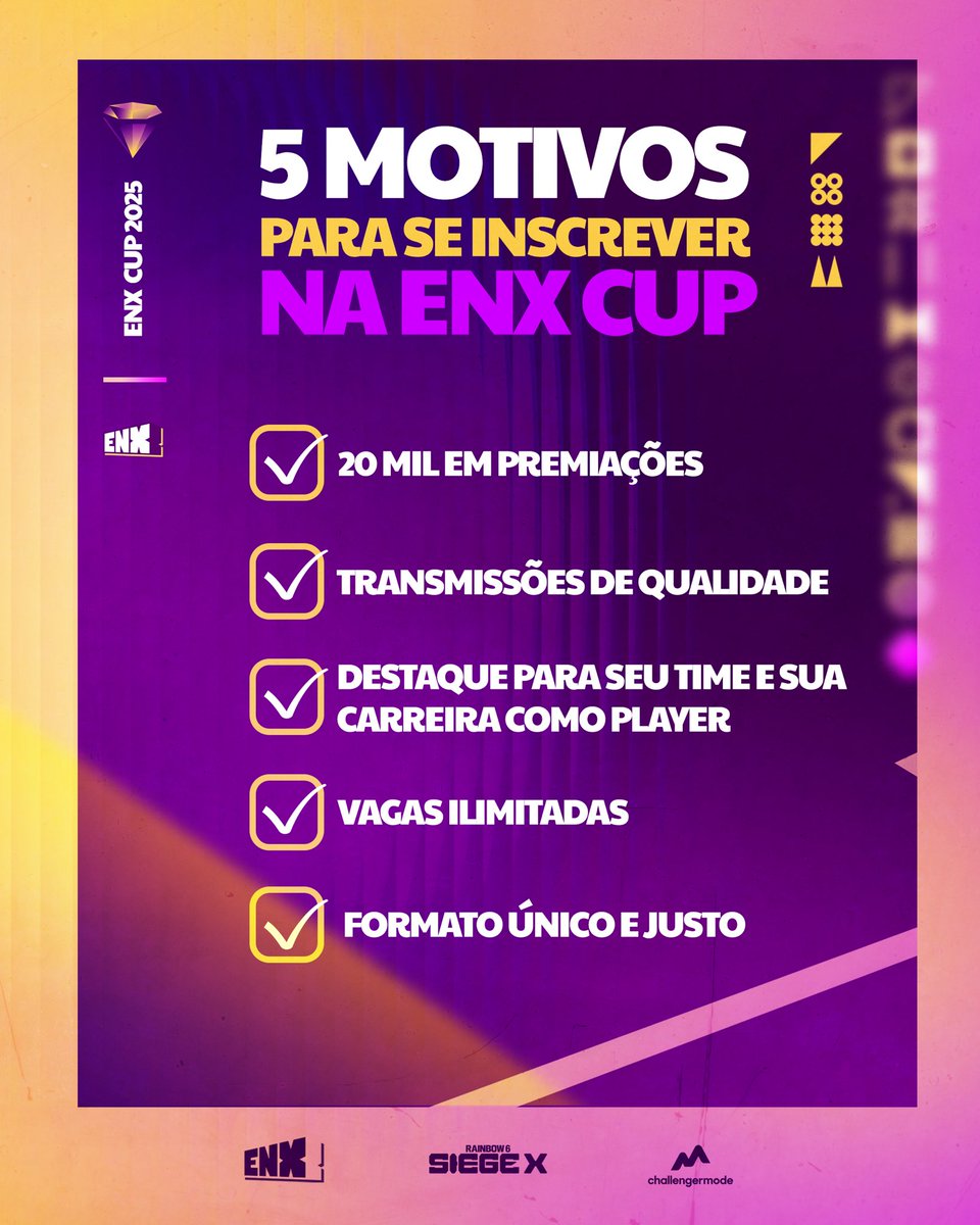 5 motivos pra você correr e garantir sua vaga na ENXCup!
São 20 MIL REAIS em premiações, transmissões de qualidade e tudo que seu time precisa. 

🏆 Premiação:
🥇 1º lugar – R$ 10.000
🥈 2º lugar – R$ 4.000
🥉 3º e 4º lugar – R$ 2.000
🏅 5º ao 8º lugar – R$ 500

1/2