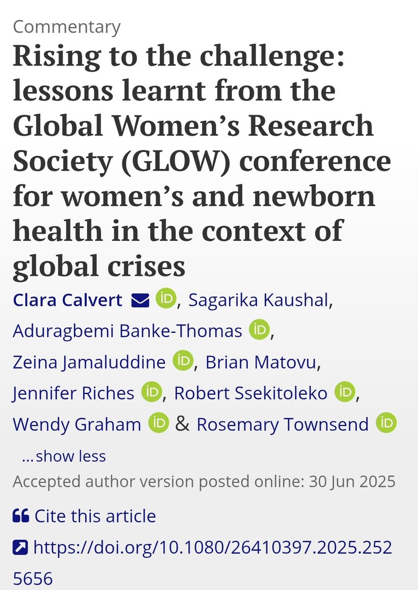 #PublicationAlert 
Full article: Rising to the challenge: lessons learnt from the Global Women’s Research Society (GLOW) conference for women’s and newborn health in the context of global crises tandfonline.com/doi/full/10.10…