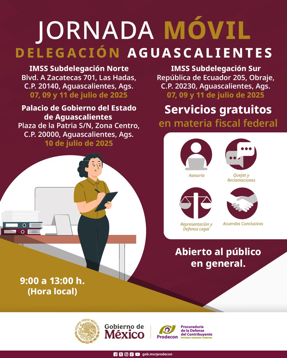 📢 ¡Atención, personas contribuyentes en #Aguascalientes!

#PRODECON recorrerá la zona norte y sur de la ciudad, para brindarte atención personalizada y asesoría gratuita en temas fiscales. ⚖️✅

¡Aprovecha nuestra #JornadaMóvil y resuelve tus dudas! 🤩🎉

#PRODECONMásCercaDeTi