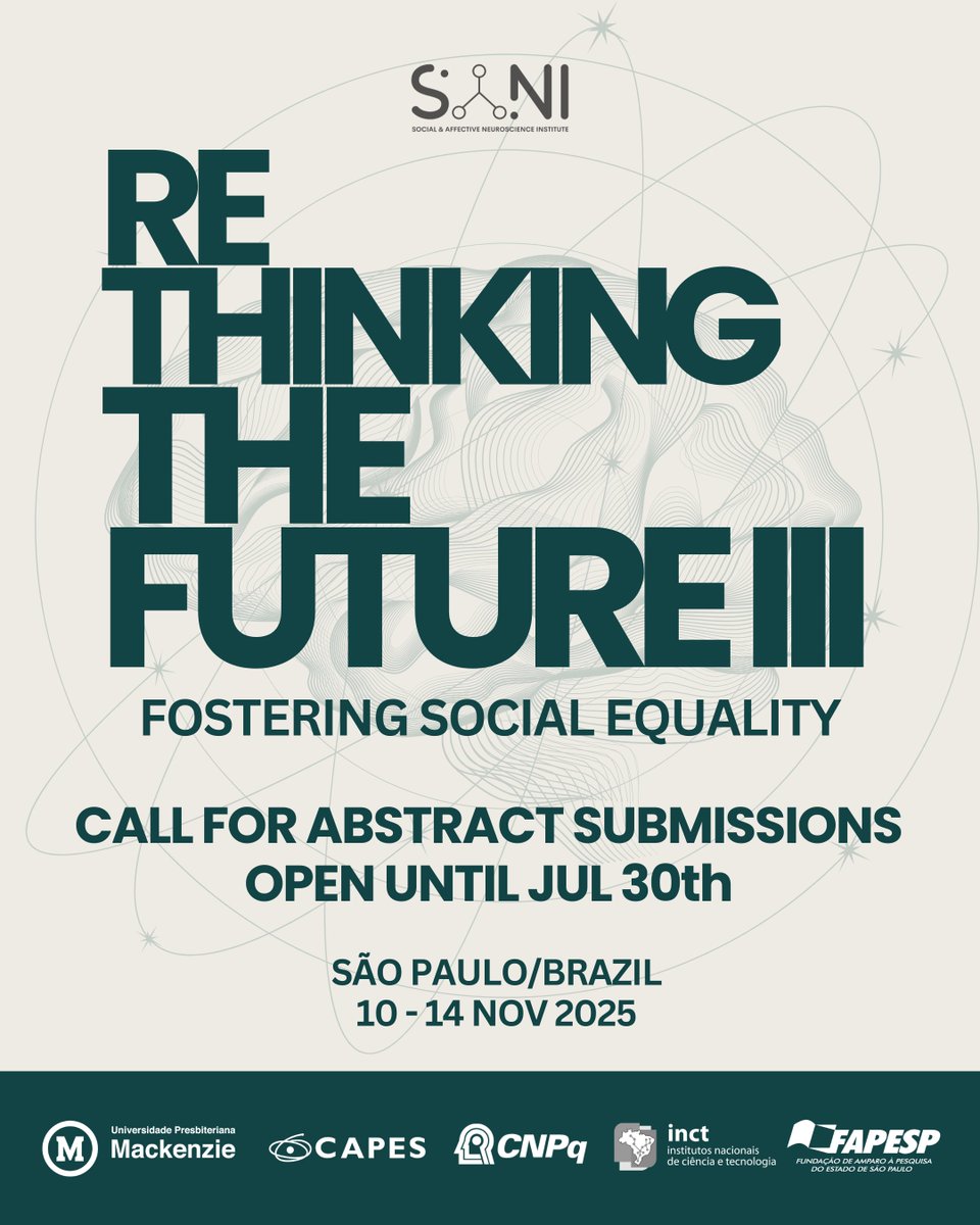 inctSANI's tweet image. 📢 Call for Poster Abstracts!

Present your research at “Rethinking the Future III – Fostering Social Equality”  at Mackenzie Presbyterian University on Nov 10-14, 2025 (Poster sessions: Nov 14)
🔹 Deadline: July 30, 2025
Check link for more info: inctsani.org/abstractsubmis…