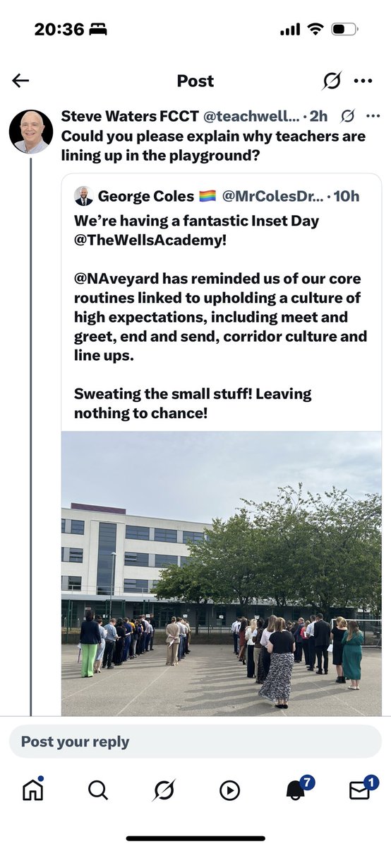I don’t usually share a school’s tweet but this was shared publicly as a good example of an activity during an Inset day. Teachers being asked to line up in the playground to show them how children should be asked to line up. This level of control leads to teachers leaving.