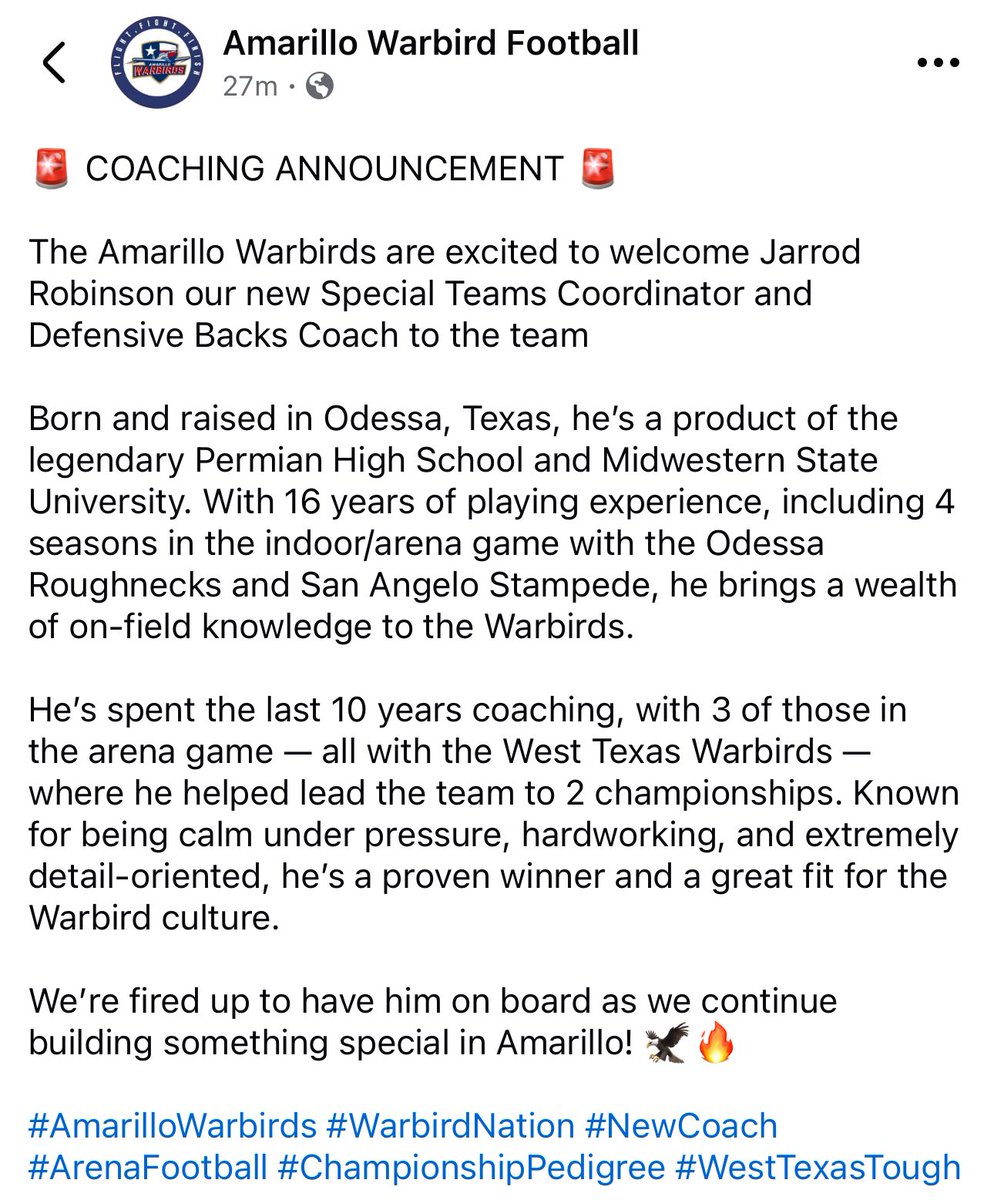 XFLMike's tweet image. NEWS:

Amarillo Warbirds announce Jarrod Robinson as their Special Teams Coordinator &amp;amp; Defensive Backs Coach.

Per @WTXWarbird Facebook Post

#NAL #NAL2026