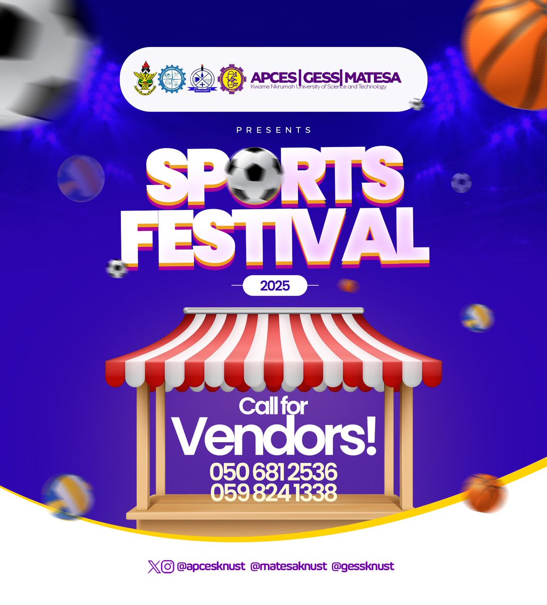 📣 VENDORS WANTED!
Join us at the upcoming Sports Festival 2025 hosted by APCES | GESS | MATESA!

This is your chance to showcase your products, grow your brand, and engage with a vibrant student community!

📍 Date: 12th July 2025
📞 Contact: 050 681 2536 | 059 824 1338