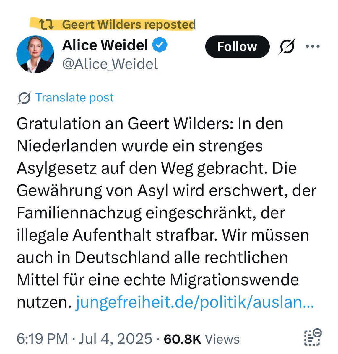 Elke keer maakt Wilders duidelijk dat “zijn vrienden” neo-nazi’s, fascisten en rechtsextremisten zijn die in hun eigen land veroordeeld zijn (Tommy Robinson) of onder vuur liggen omdat ze de democratie ondermijnen (Alice Weidel) #AfDVerbot