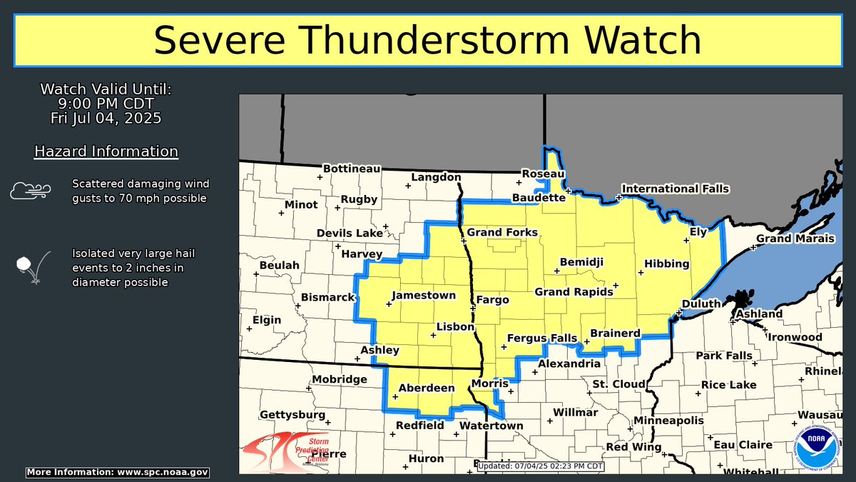 A Severe Thunderstorm Watch is in effect for northern Minnesota, eastern North Dakota, and northeastern South Dakota until 9 PM CDT. Main hazards to include scattered damaging wind and isolated very large hail. More info: spc.noaa.gov