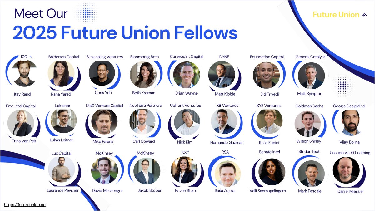 _futureunion_'s tweet image. Launching our 2025 Future Union Fellowship program with 25 exceptional experts! @mpalank101 @wshirleyiv @sasazdjelar @DanielMiessler @vijaybolina @fubini @trinavanpelt @Lpevs @matthewb417572 @KB2o22 @sidtriv @hguzs @itayrand @chrisyeh