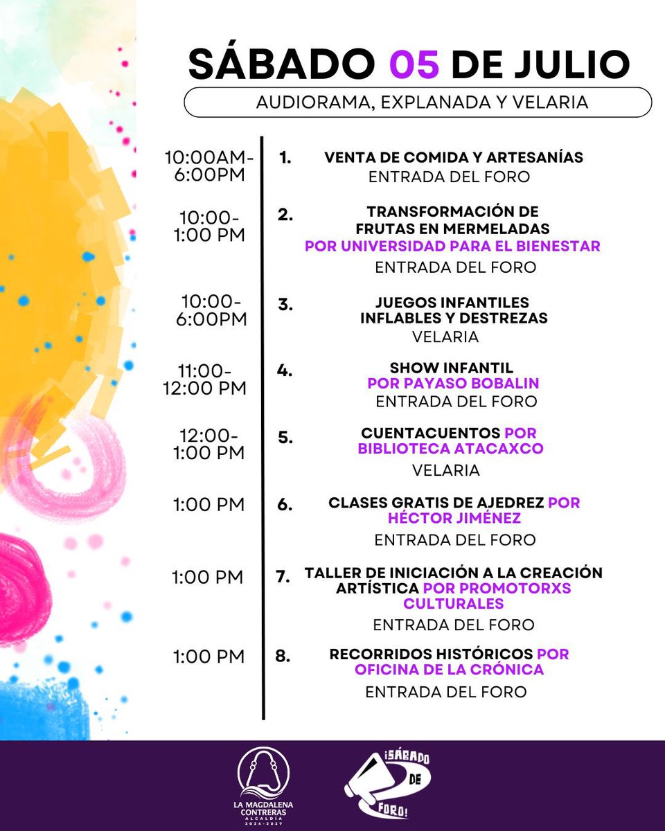 ¡Vecinas, vecinos!

Les compartimos las actividades que tendremos en nuestro #SábadoDeForo que se llevará a cabo en el Foro Cultural.

Juegos infantiles, venta de comida y artesanías, show infantil y muchas actividades más para todas las edades. 

¡Los esperamos!