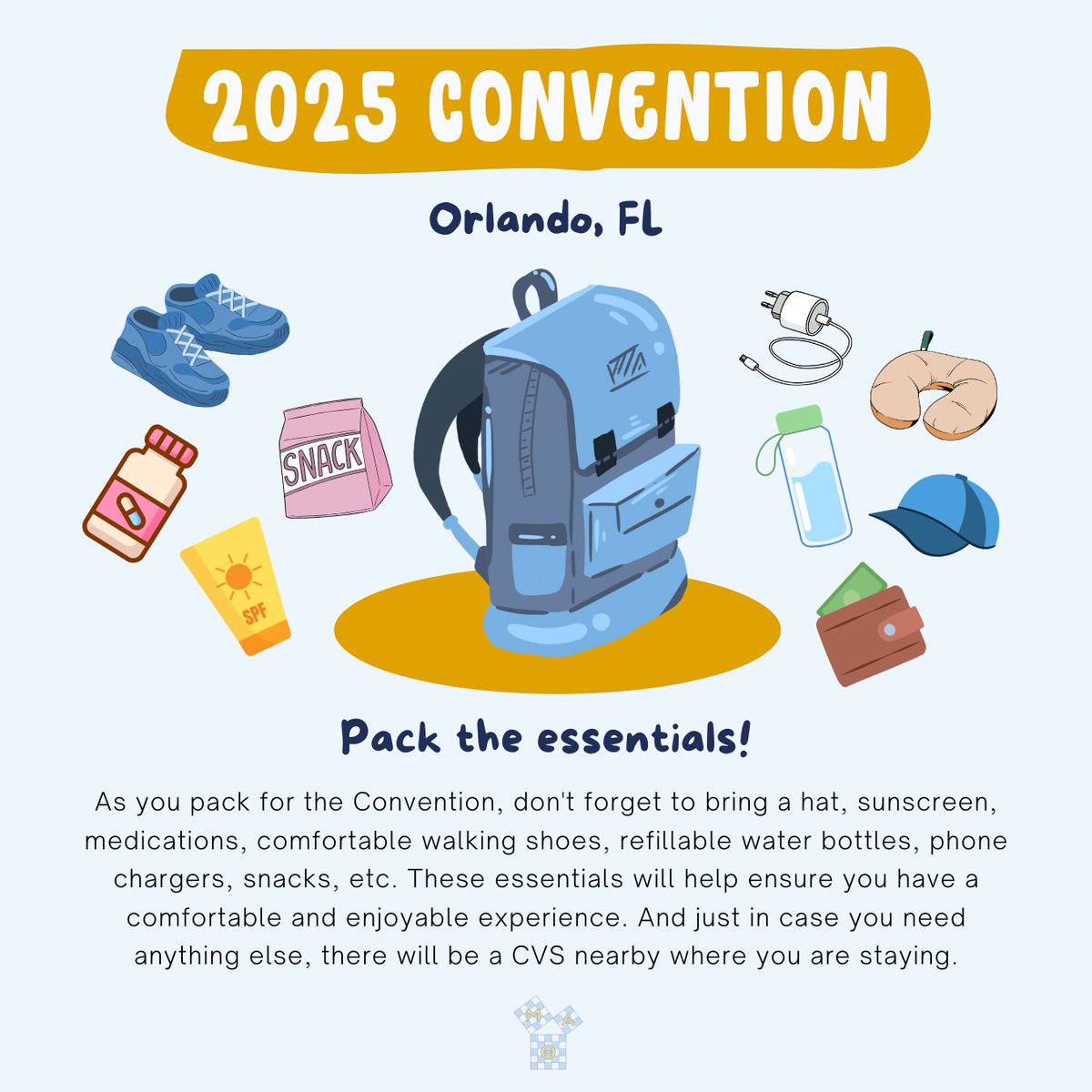 MATNatlOffice's tweet image. Convention Starter Pack: 🧢 SPF 1000 👟 H2O 🔌 Snacks. CVS = chaos emporium. Forgot it? Find it. Main character energy only 🔥 #mualphatheta #nationalconvention