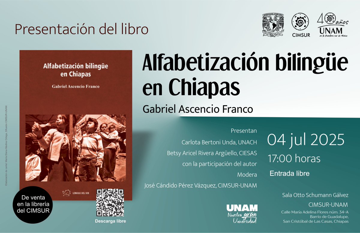Les esperamos hoy en la presentación de una novedad editorial del CIMSUR "Alfabetización bilingüe en Chiapas", el viernes 4 de julio a las 17:00 horas en la Sala Otto Schumann Gálvez, la entrada es libre.
libros.cimsur.unam.mx/ind.../cimsur/…
#CIMSUR #UNAM #NovedadesEditoriales