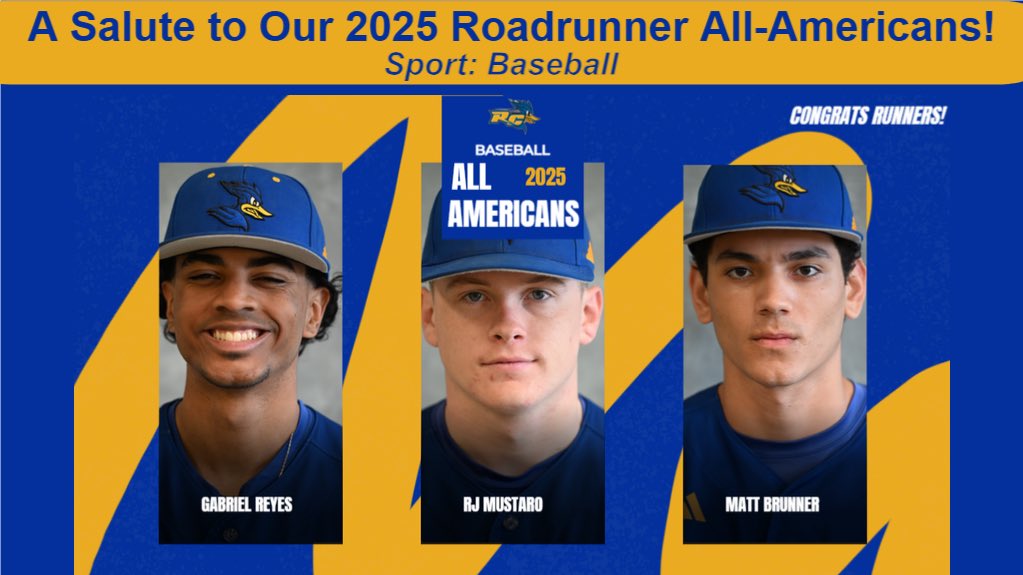 Roadrunner Athletics salutes our Baseball All-Americans who played key roles in helping the team capture a third straight NJCAA D III National title in May. 

Congrats to infielder Gabriel Reyes and outfielders RJ Mustaro and Matt Brunner. Read more:
rcroadrunners.com/sports/mtrack/…
￼