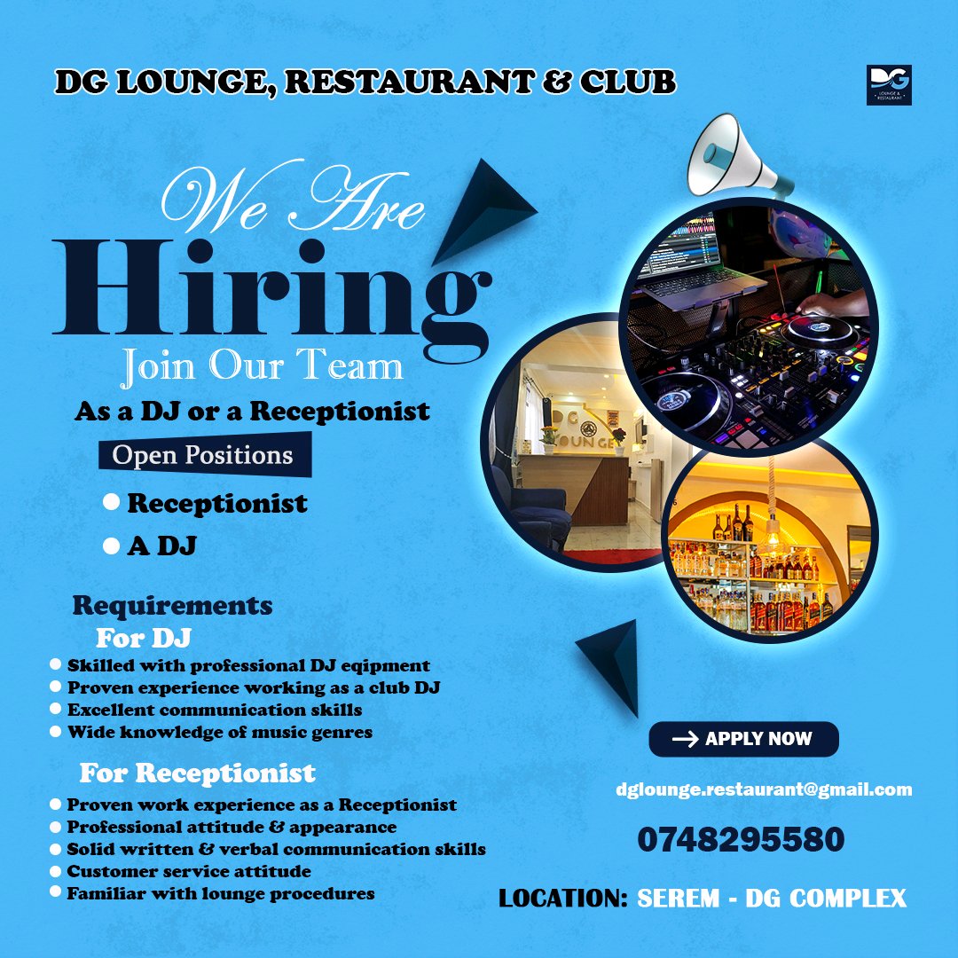 GavalaPravin's tweet photo. DG is hiring receptionist and a dj drop your application via email 📧  dglounge.restaurant@gmail.com 
Or call/ WhatsApp  0748 295580
@DgComplex https://t.co/MPzSD9gpTd