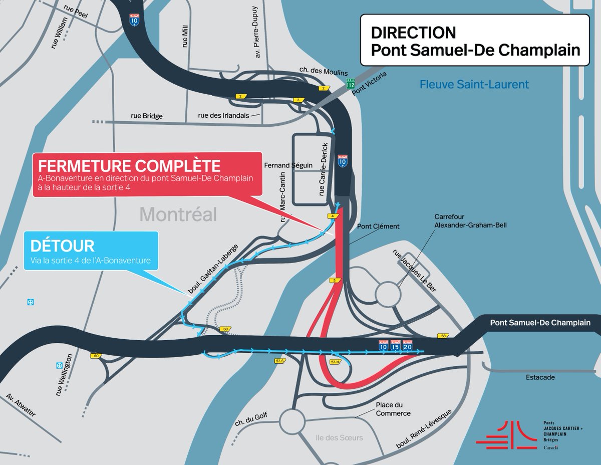 RAPPEL - A-Bonaventure | Blitz de travaux majeurs - Fermeture de l’autoroute dans les deux directions, secteur du pont Clément, du 4 au 6 juillet
Voir avis complet : jacquescartierchamplain.ca/fr/structures/…
 #PJCCI #mobilitéMTL #ABonaventure