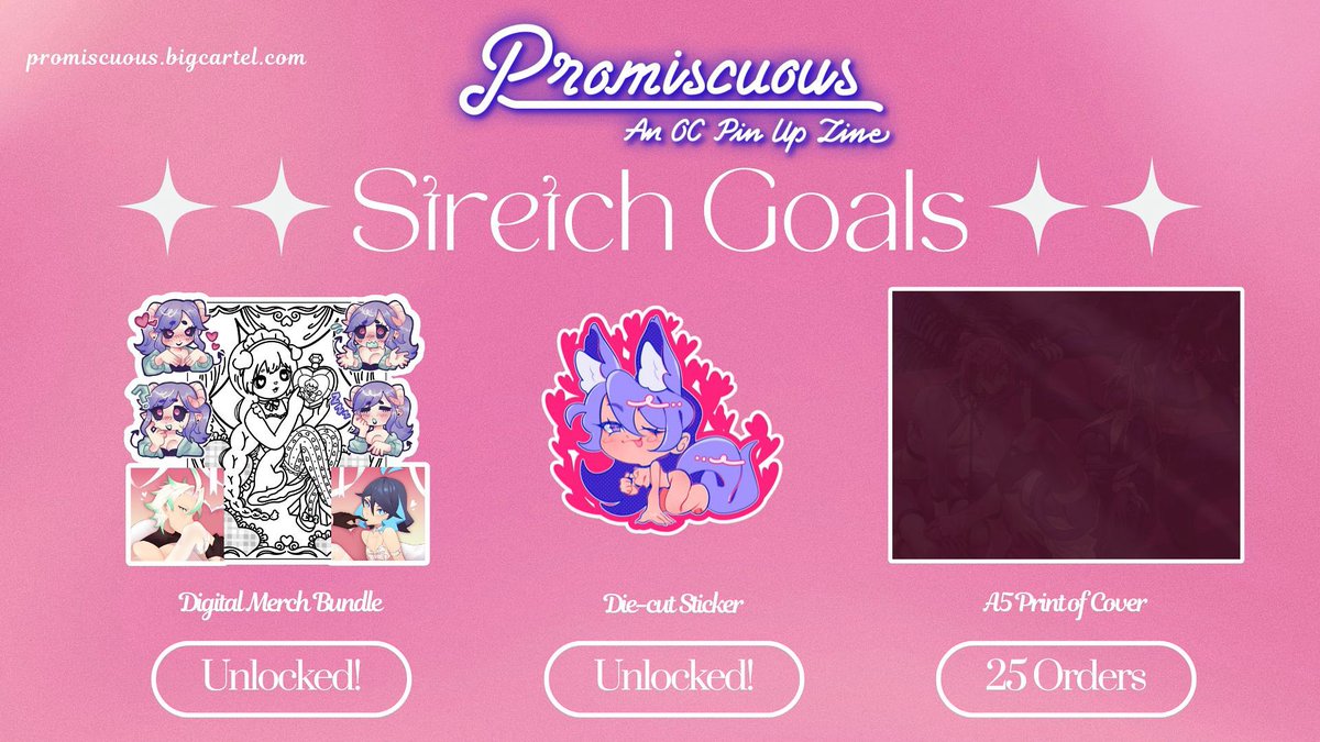 PromiscuousZine's tweet image. ✨👙 STRETCH GOAL UNLOCKED 👙✨

Every physical order will include a KISS-CUT STICKER by head mod @phossii !!!

Thank you so much for the support!

🛒 promiscuous.bigcartel.com