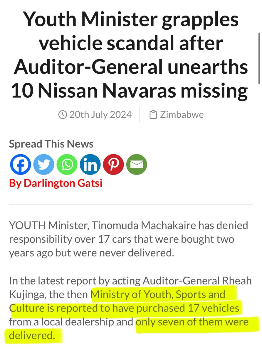 Fadzayi Mahere🇿🇼 (@advocatemahere) on Twitter photo 🔸Dear <a href="/HonMachakaire/">Hon Minister Machakaire</a>,
Chigananda chii? If someone leads a Ministry, and that Ministry buys 17 vehicles but only 7 are delivered, tinomuti chigananda here? Where did you put the other 10 vehicles?
We need new leaders.🇿🇼 🔸Dear <a href="/HonMachakaire/">Hon Minister Machakaire</a>,
Chigananda chii? If someone leads a Ministry, and that Ministry buys 17 vehicles but only 7 are delivered, tinomuti chigananda here? Where did you put the other 10 vehicles?
We need new leaders.🇿🇼