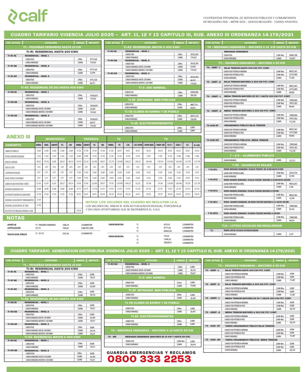 Cuadro tarifario vigente.