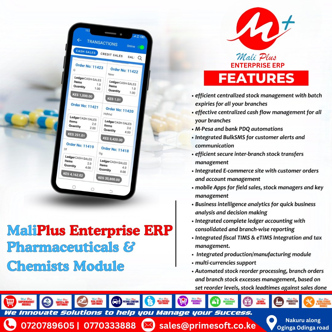 MaliPlusERP's tweet image. MaliPlus ERP is built for pharmacies and chemists, centralized stock, cashflow control, MPesa automation, and more. Efficiency starts here.
#PrimesoftSolutions