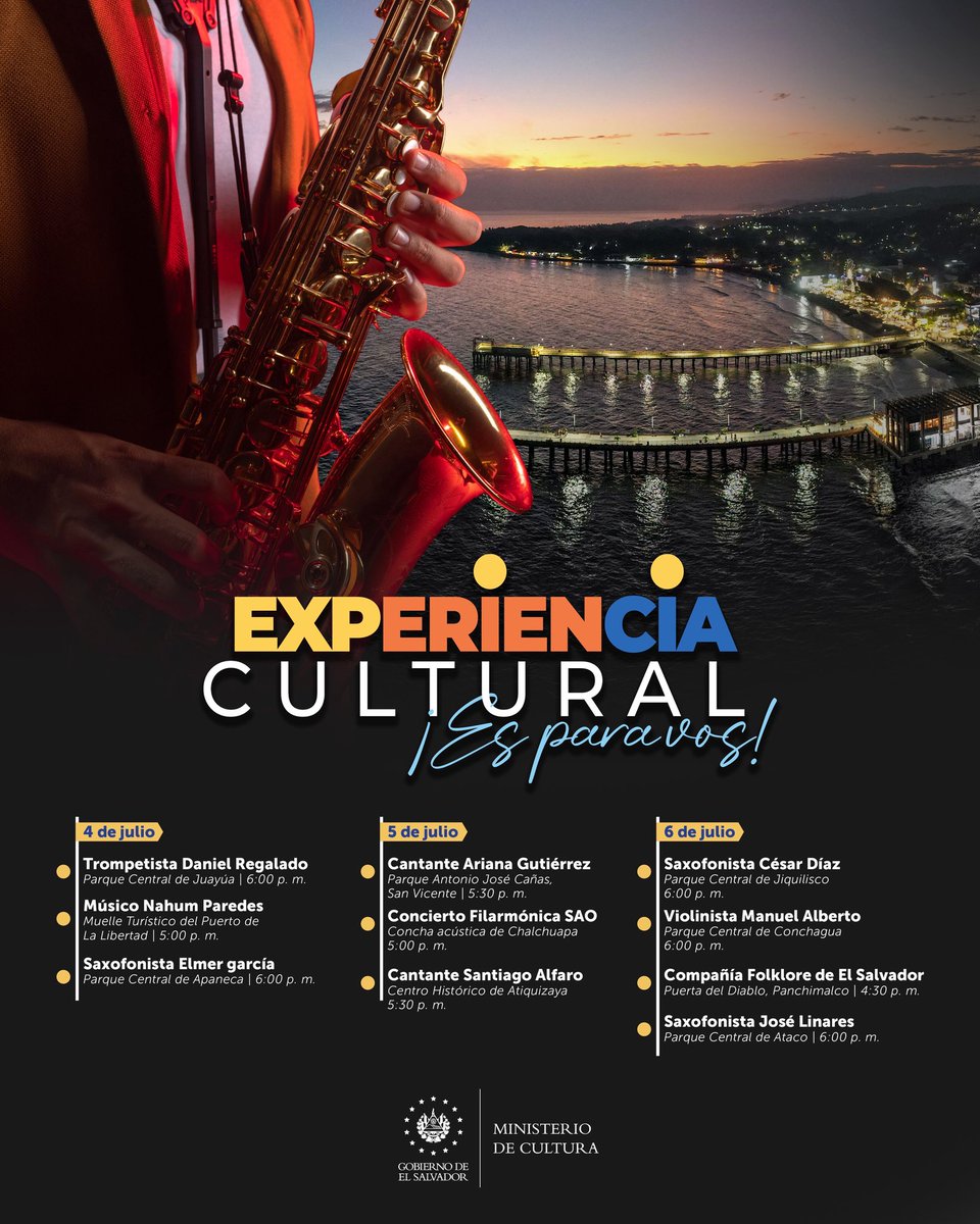 Vivir una #ExperienciaCulturalEsParaVos. 🙂‍↔️

Disfrutá de conciertos, música en vivo y talento nacional en plazas, parques y centros históricos.
Desde trompetas en Juayúa hasta saxofonistas en Apaneca y vibrantes presentaciones en la Puerta del Diablo. 🇸🇻✨