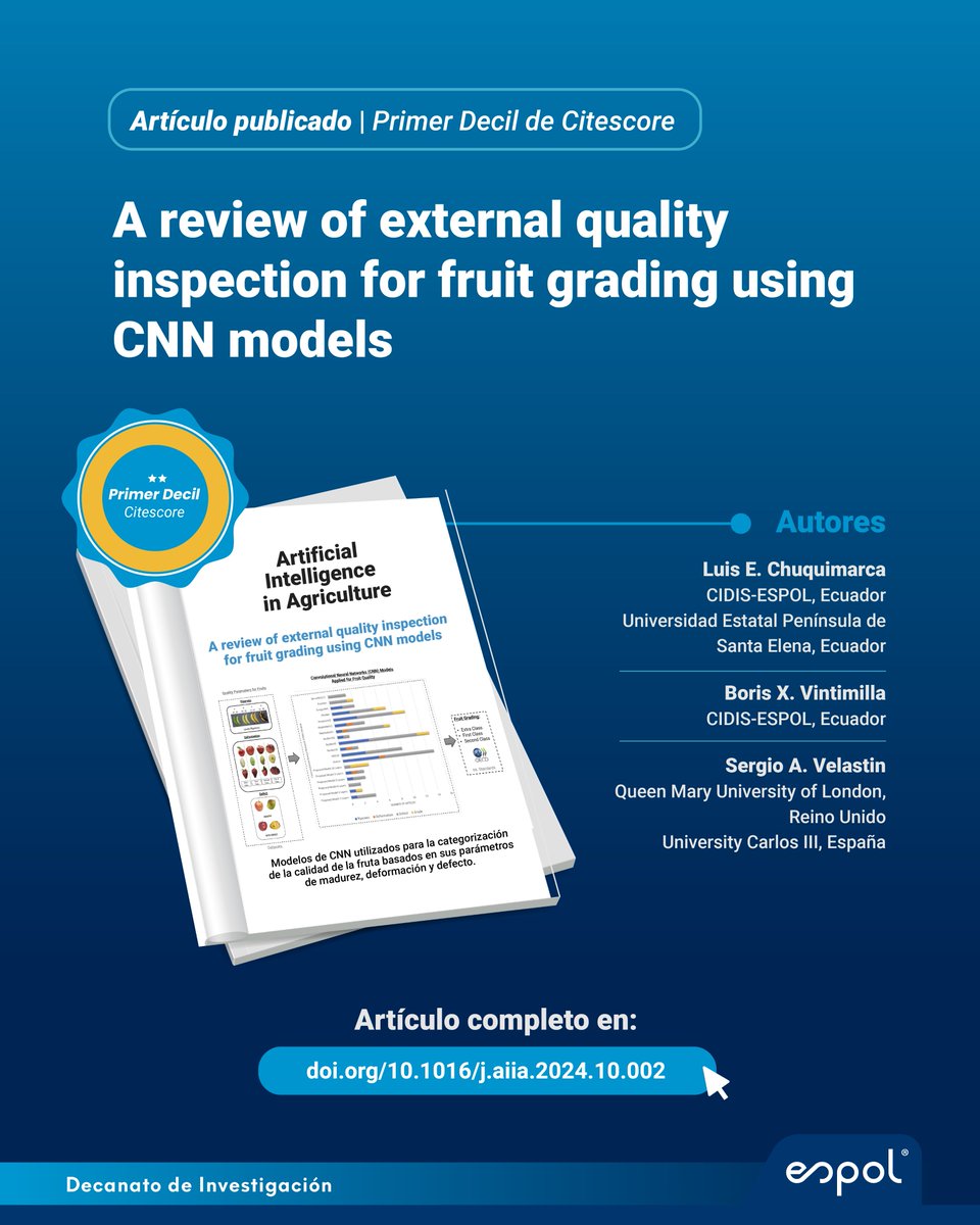 Destacamos artículo de primer decil que revisa modelos recientes basados en redes neuronales convolucionales (CNN) para la inspección de calidad de frutas, analizando parámetros, datos, tipos de imágenes, modelos, optimizadores y resultados.

Lee más👇:
sciencedirect.com/science/articl…