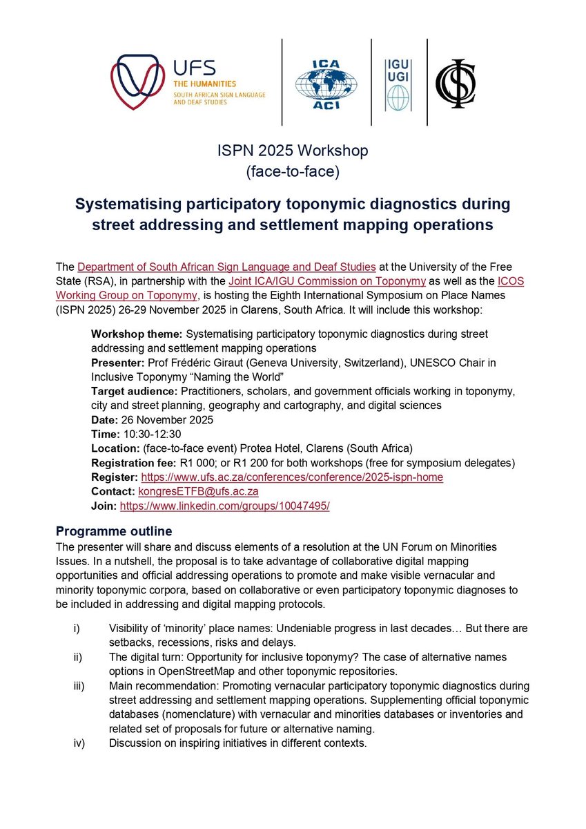 eug1979's tweet photo. e-Onomastics: #ISPN2025 #Workshop: Systematising #participatory #toponymic #diagnostics during #street #addressing and #settlement #mapping operations https://t.co/F80BIdJ2FN Eighth International #Symposium on #PlaceNames #Clarens, #SouthAfrica | 26 November 2025 | 10:30–12:30 https://t.co/Yqa8KMgefP