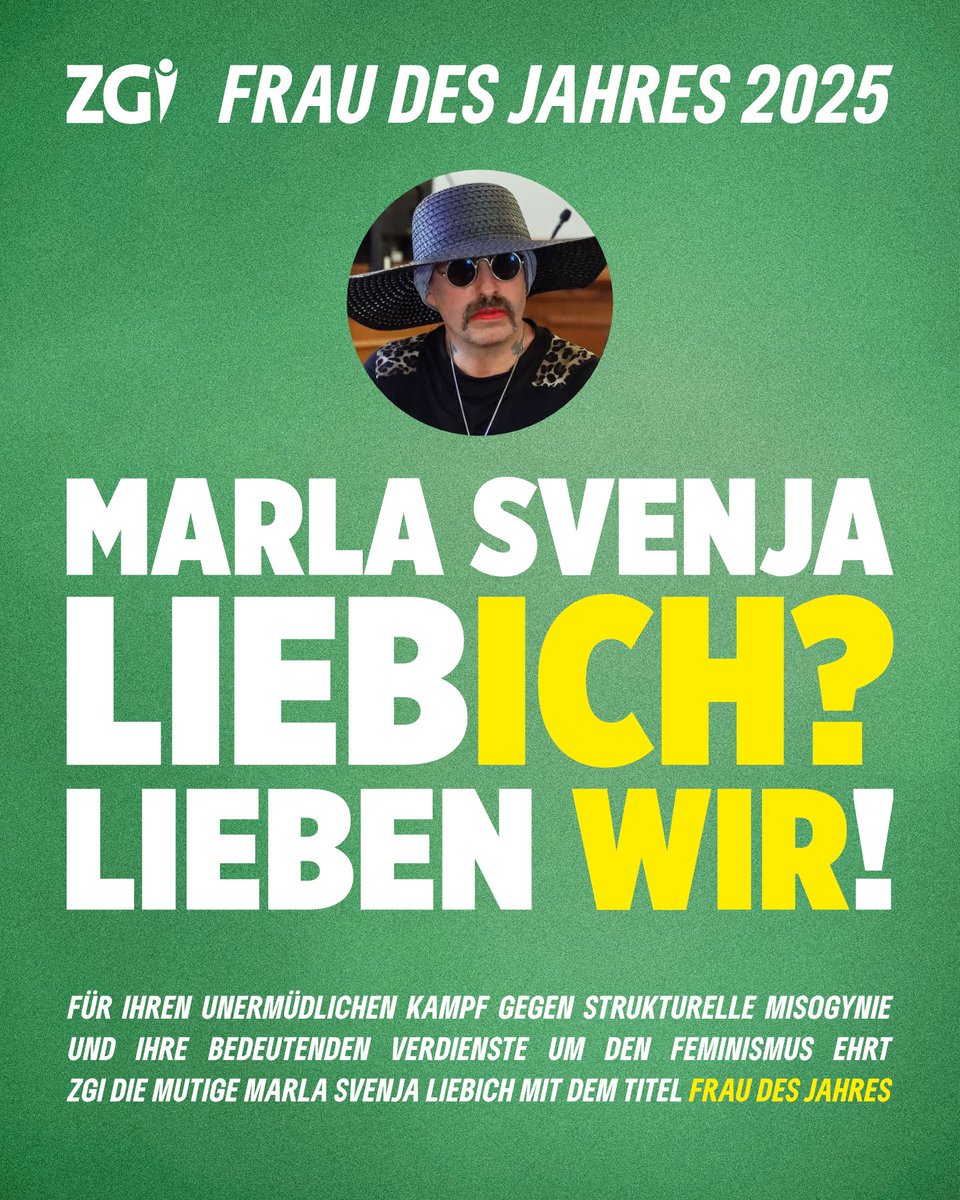 ZGI (@zgideutschland) on Twitter photo Die couragierte Marla Svenja Liebich bekämpft sexistische Narrative und stellt sich gegen patriarchale Machtstrukturen. Sie setzte sich gegen die zwei Nominiert:innen Georgine Kellermann und Maja T. durch - herzlichen Glückwunsch zur Frau des Jahres 2025, <a href="/MarlaSvenjaL/">Marla Svenja Liebich</a>! Die couragierte Marla Svenja Liebich bekämpft sexistische Narrative und stellt sich gegen patriarchale Machtstrukturen. Sie setzte sich gegen die zwei Nominiert:innen Georgine Kellermann und Maja T. durch - herzlichen Glückwunsch zur Frau des Jahres 2025, <a href="/MarlaSvenjaL/">Marla Svenja Liebich</a>!
