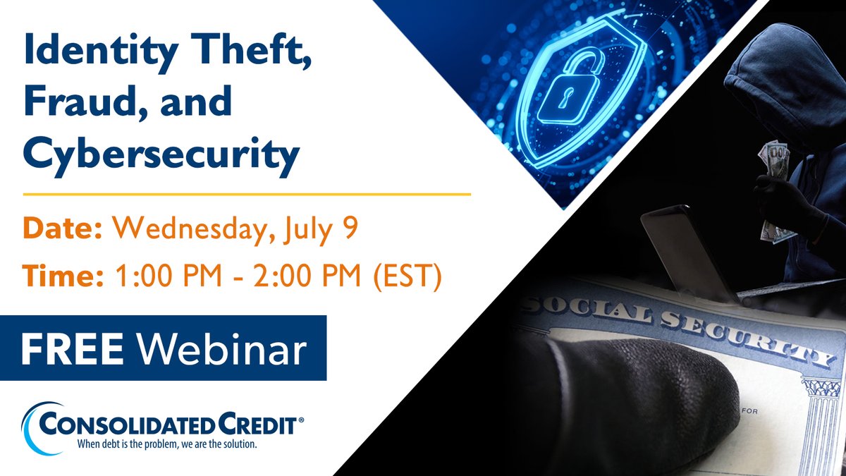 🔐 Identity theft is real but preventable.

Join our FREE webinar on July 9; 1PM EST to learn:
✅5 #IDTheft prevention steps
✅What to do if it happens
✅How fraud alerts help

🎯 Register now:us02web.zoom.us/webinar/regist…

#Cybersecurity #FraudAwareness #ConsolidatedCredit #DebtSucks