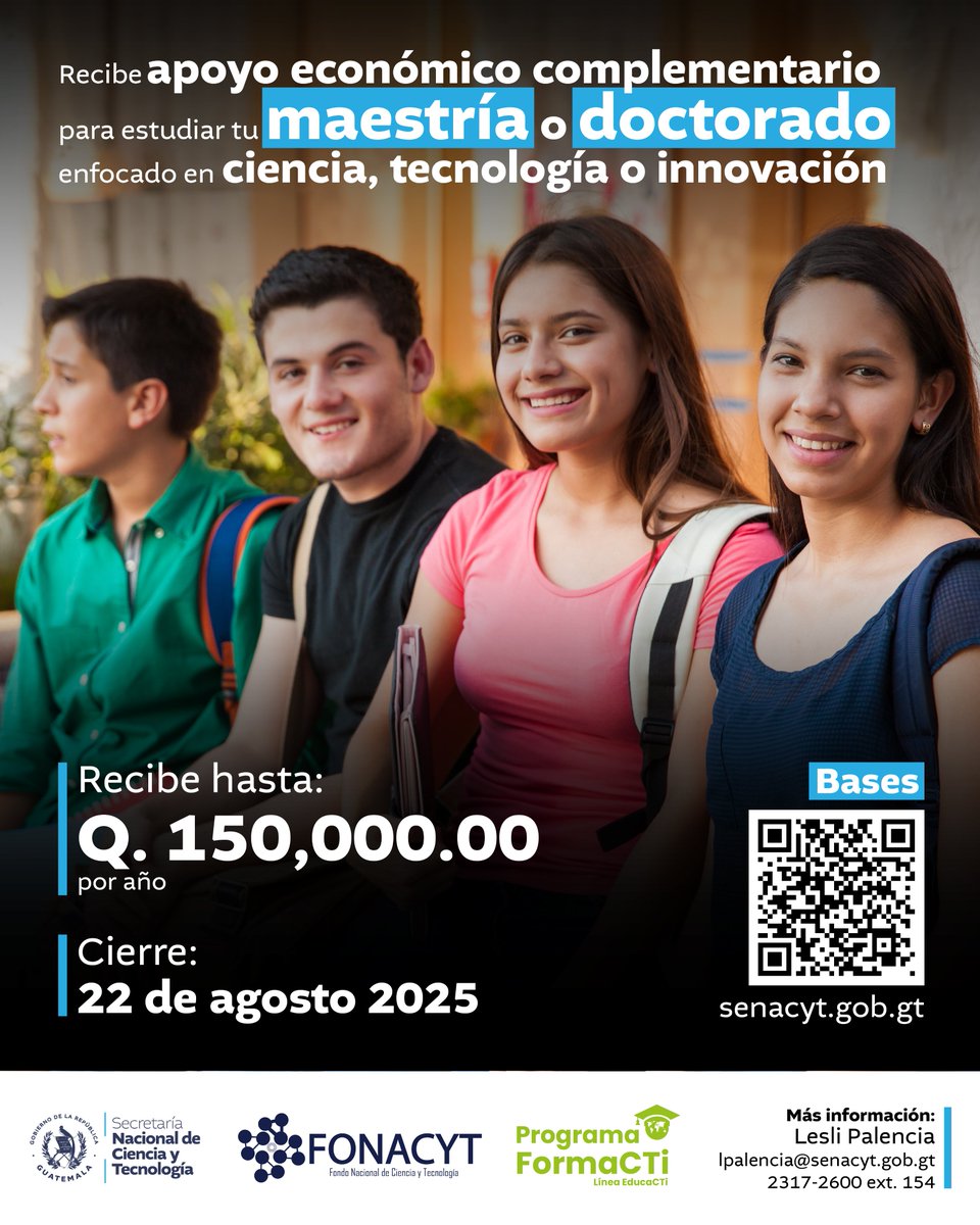 📚👨‍🏫👩‍🔬 ¿Quieres estudiar una maestría o doctorado enfocado en ciencia, tecnología e innovación?

Recibe apoyo económico complementario para realizar tus estudios en Guatemala o en el extranjero, a través del Fondo Nacional de Ciencia y Tecnología (#Fonacyt), mediante la línea de