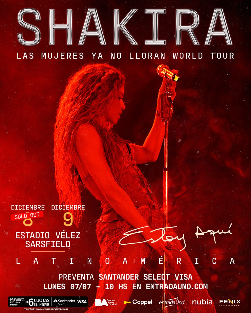 ¡SHAKIRA, 8 DE DICIEMBRE SOLD OUT! 💥

&gt;&gt; 9 de diciembre | NUEVA FECHA
&gt;&gt; Estadio Vélez Sarsfield

🎫 Preventa SANTANDER SELECT VISA: lunes 07/07 - 10hs. Por 48hs o hasta agotar stock.