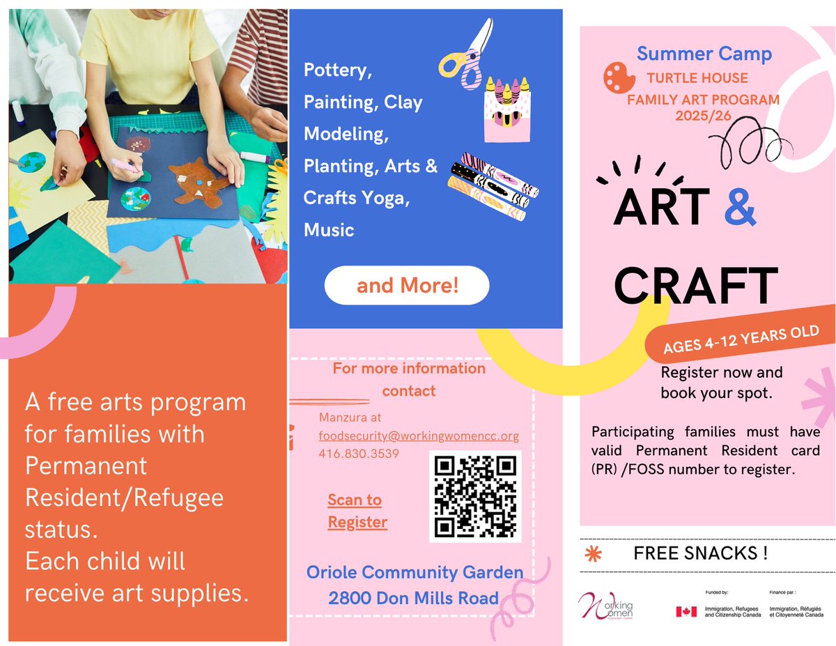 🌞 FREE Family Art Program!
Join us at Oriole Community Garden (2800 Don Mills Rd) for Turtle House Art – fun for the whole family!
🗓️ July 7–14, July 21–28, or Aug 11–18
🕙 10 AM–2 PM
✅ PR/Refugee families
🔗 forms.office.com/r/1JsS642zmw